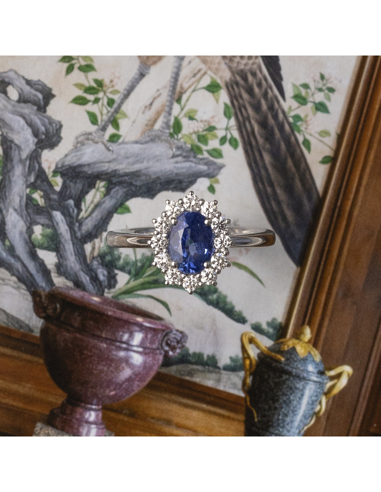 Blue Sapphire Diamond Halo Ring 18K White Gold - Royal Elegance