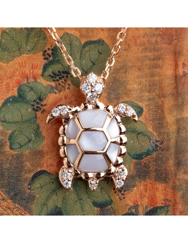 Turtle Necklace in Gold, Mother of Pearl, Diamonds - A Spark of Elegan