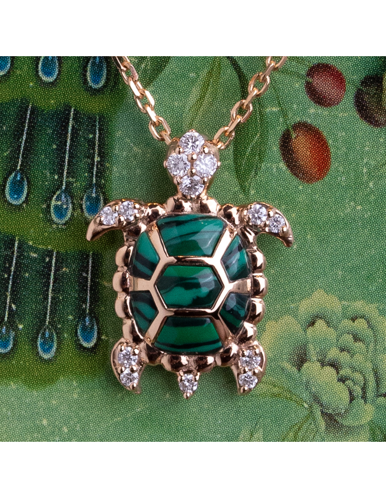 Rose Gold Necklace with Malachite and Diamonds - Longevity Emblem