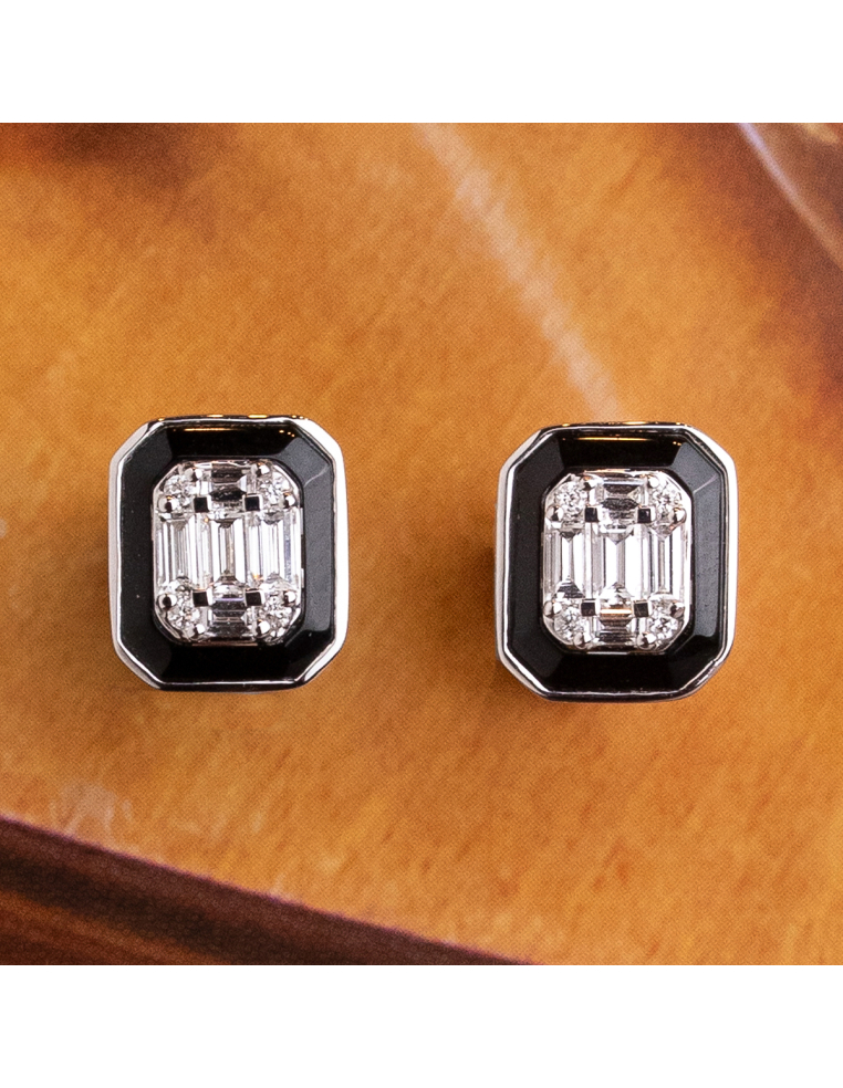 White gold button earrings with diamonds and onyx - PR Joyeros