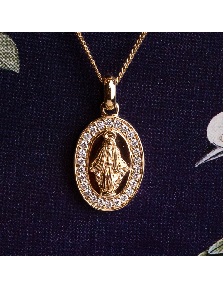 Necklace in 18Kt rose gold with Virgin Mary medal and diamonds