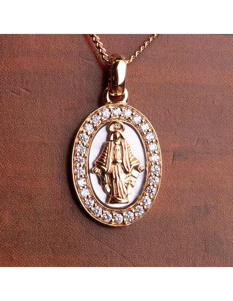 Collar de oro rosa con medalla de la Virgen, madreperla y diamantes